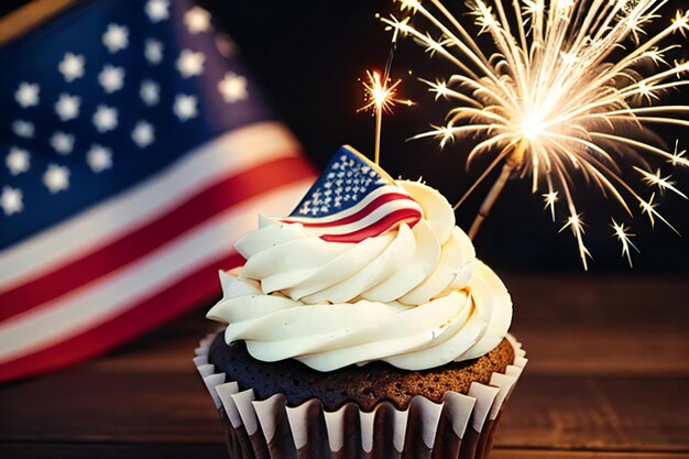 A cupcake with sparklers in front of an american flag