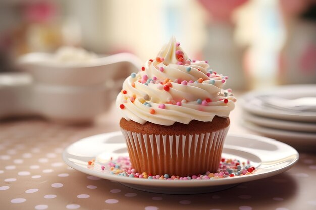 Foto un cupcake con spruzzi sul tavolo con una luce morbida