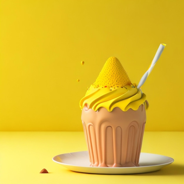 A cupcake with a straw is on a yellow background