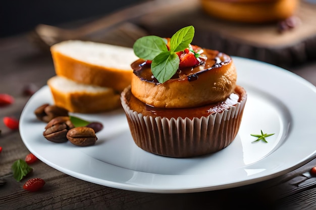 a cupcake with strawberries and chocolate on a plate with a cupcake on it.