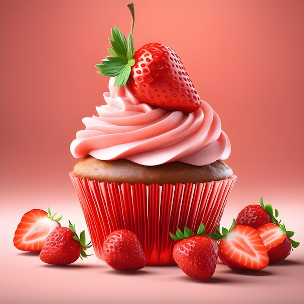 Cupcake with strawberries on a pink background 3d rendering