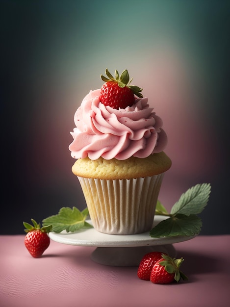 A cupcake with strawberry cream and strawberries on a plate on a table with a pink tablecloth