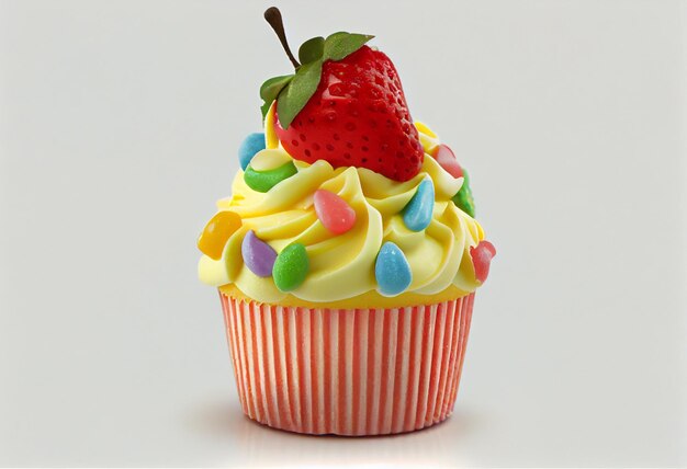 A cupcake with a strawberry on top of it