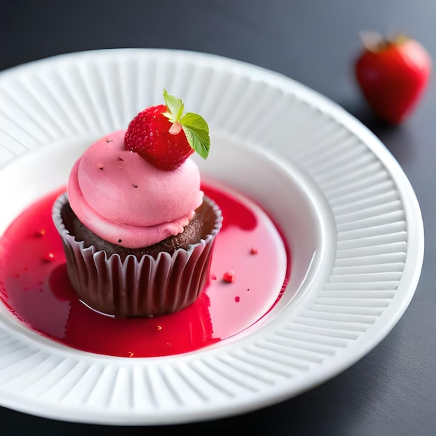 A cupcake with a strawberry on top sits on a plate with a strawberry on top.