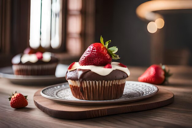 A cupcake with a strawberry on top sits on a table.