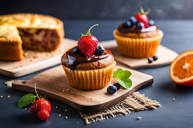 A cupcake with a strawberry on the top.