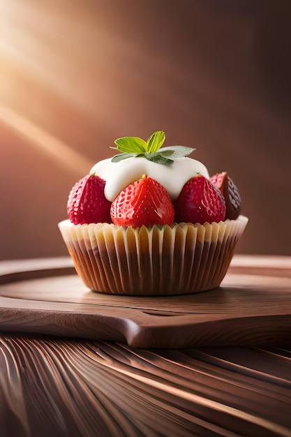 A cupcake with a strawberry topping sits on a wooden plate.