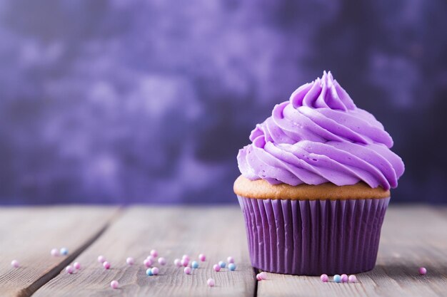 Photo cupcake with whipped cream and a cup of coffee on the table