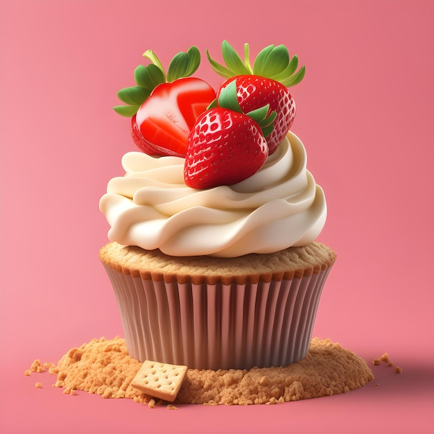 Cupcake with whipped cream and strawberries on pink background 3d illustration