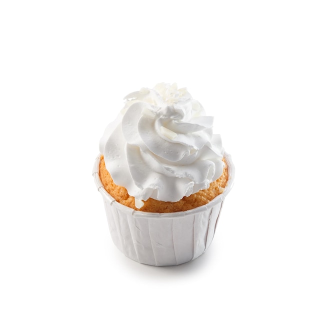 Cupcake with white butter cream in paper form