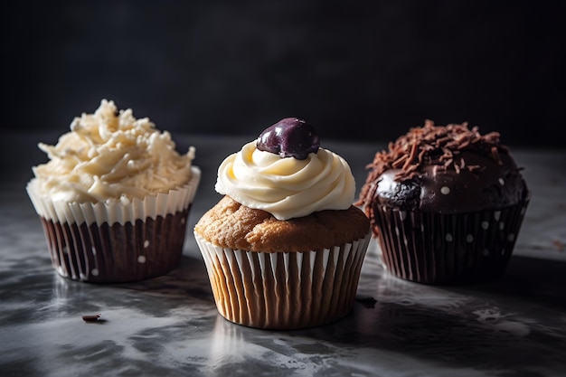 A cupcake with a white frosting and a black background