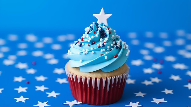 Photo cupcake with white frosting and blue stars on blue background