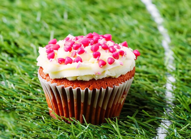 A cupcake with white frosting and pink sprinkles on it