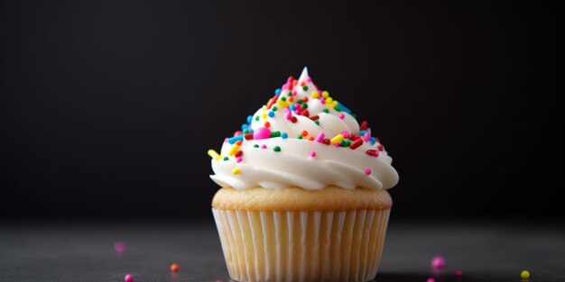 A cupcake with white frosting and rainbow sprinkles on it.