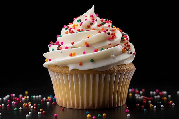 a cupcake with white frosting and sprinkles on it.