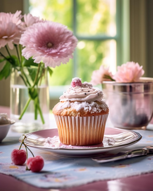 A cupcake with white frosting and sprinkles sits on a plate next to a vase of flowers.