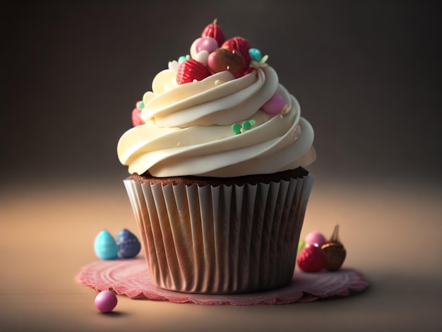 A cupcake with white frosting and a strawberry on top.