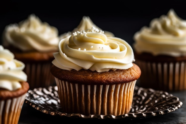 A cupcake with white frosting and a white frosting on a plate.