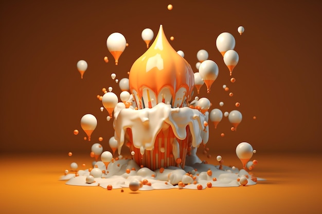 A cupcake with white and orange icing and balloons