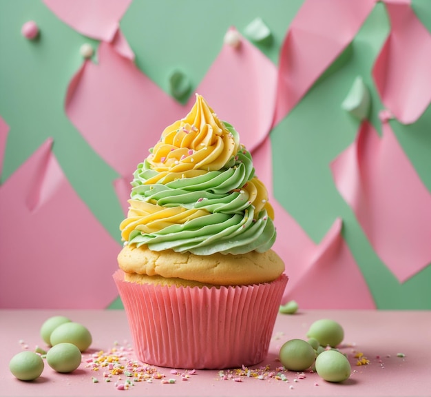 Cupcake with yellow cream and green sprinkles on pink background