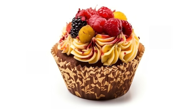 A cupcake with a yellow frosting and a fruit on it.