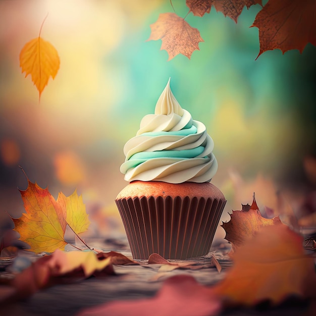 Cupcake on Wooden Table Autumn Background Generative AI