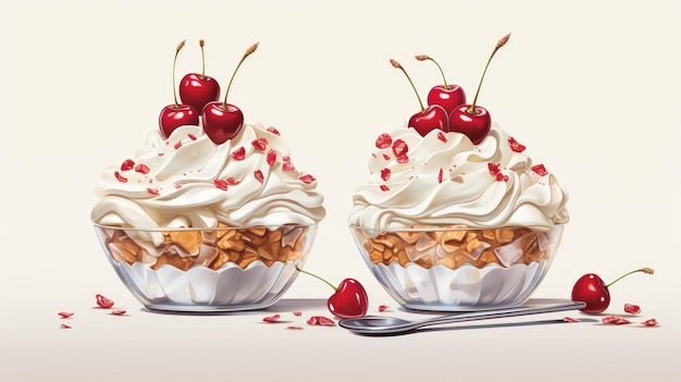 cupcakes adorned with velvety whipped cream swirls and juicy cherries enticingly