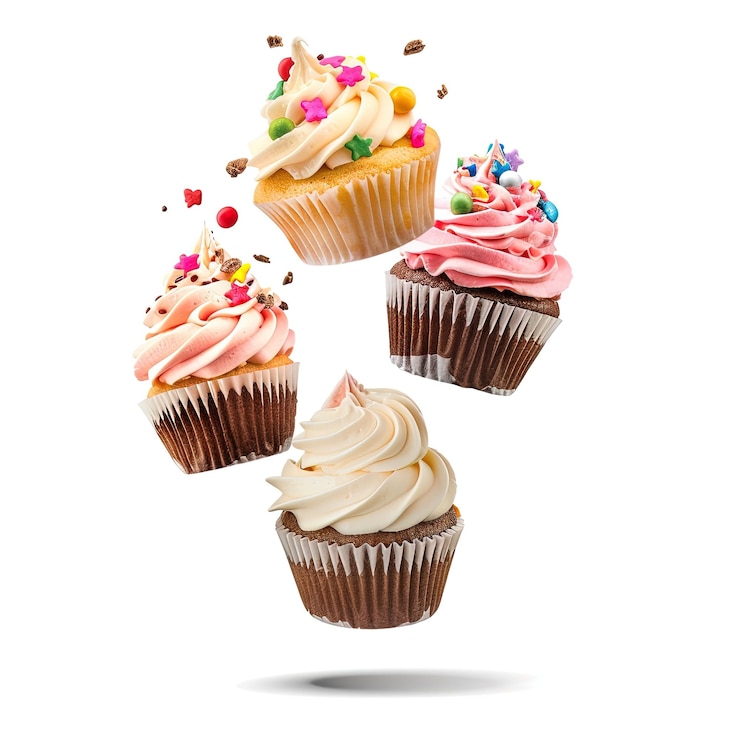 Photo cupcakes are floating on a white background no shadow stylize 50 job id d06b357260ac456bba95b09dbc3c