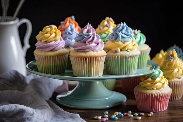 Cupcakes on a cake stand with an array of pastel and colorful frostings created with generative ai