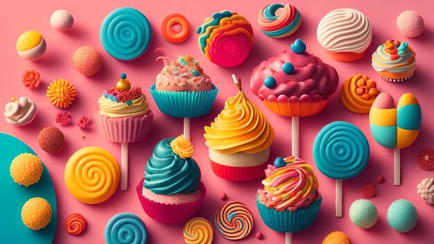 Cupcakes and candies on pink background 3d illustration