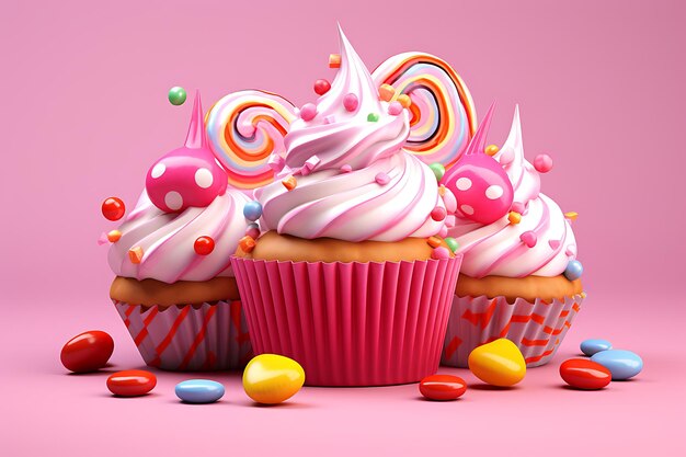 Foto cupcake e caramelle su sfondo rosa rendering 3d