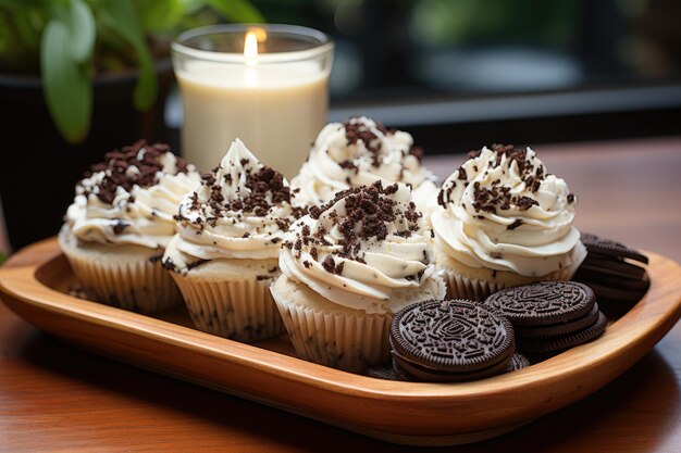 Cupcakes of cookies 'n' cream on rustic tray generative IA