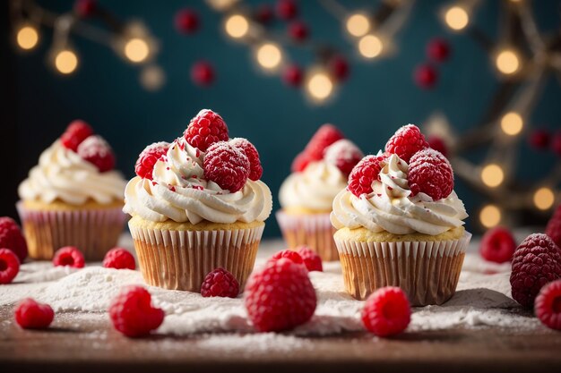 Cupcakes decorated whipped cream and frozen raspberries