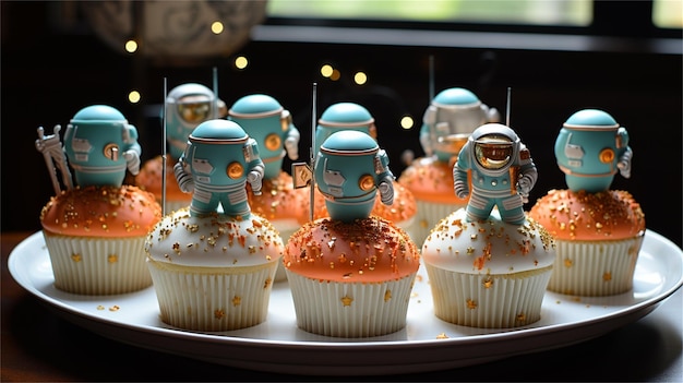 Photo cupcakes decorated with blue buttercream frosting and astronaut figurines
