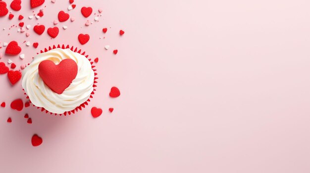 Cupcakes decorated with sugar hearts for valentine's day on red background