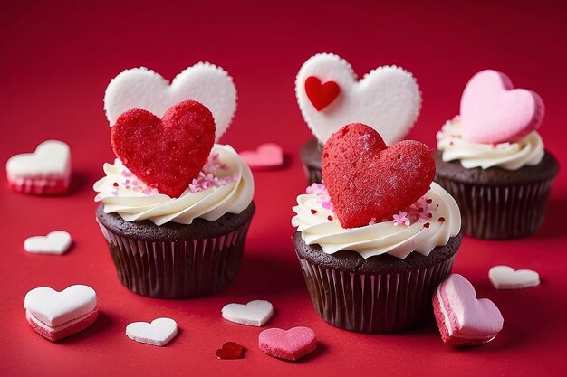 Photo cupcakes decorated with sugar hearts for valentines day on red background