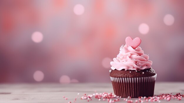 Cupcakes decorated with sugar hearts for Valentines Day on red background