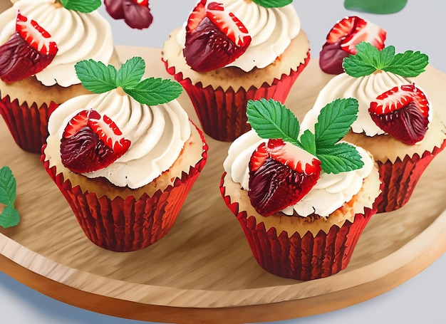 Cupcakes met aardbeien en muntblaadjes op een houten bord