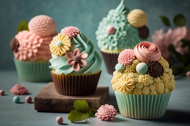 Cupcakes met bloemendecor in pastelkleuren