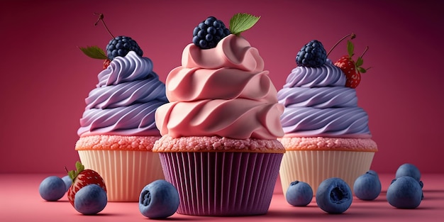 cupcakes met bosbessencrème op rode pastelachtergrond