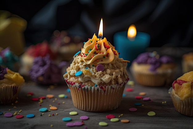 Cupcakes met buttercream frosting, versierd met kleurrijke hagelslag en aangestoken kaars, heerlijke verjaardagscupcake op een tafel met zoveel kleurrijke hagelslag AI gegenereerd