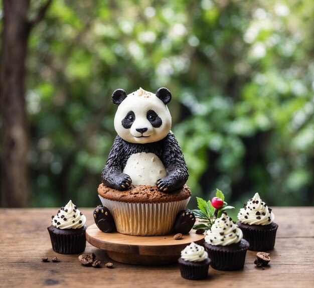 Cupcakes met panda beer op houten tafel stock foto