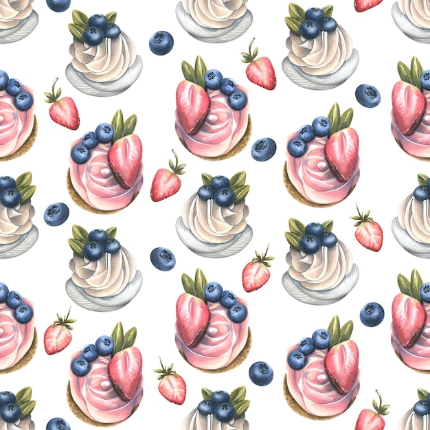 Cupcakes met room en bosbessen en aardbeien Aquarel illustratie Naadloos patroon op een witte achtergrond uit de SWEETS-serie Voor decoratie en ontwerp van textielbehangmenu's