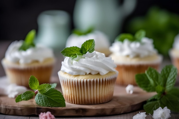 Cupcakes met slagroom en muntblaadjes