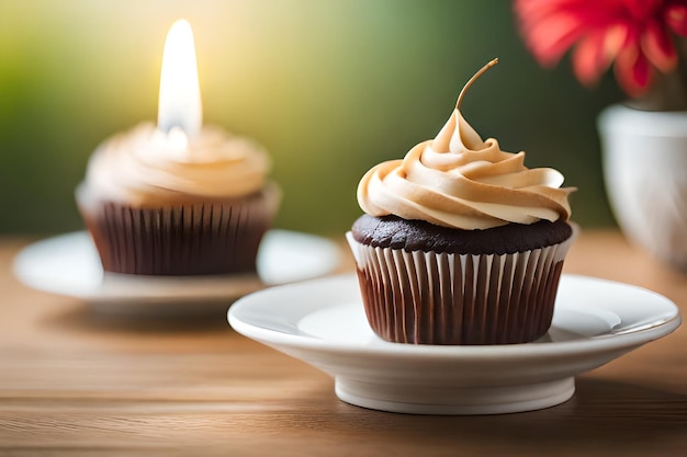 Cupcakes met verlichte kaars op tafel toprealistisch