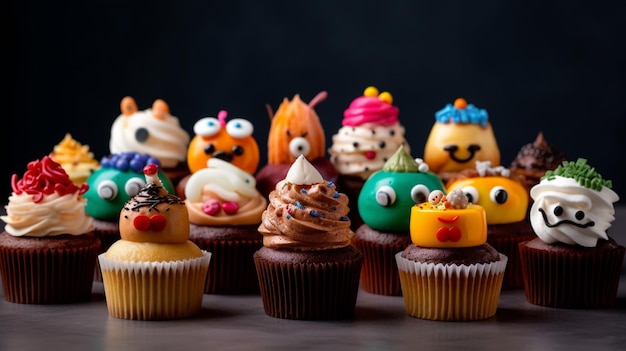 Cupcakes met verschillende ontwerpen erop staan op een tafel.