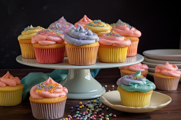 Cupcakes op een taartplateau met een scala aan pastelkleurige en kleurrijke glazuur gemaakt met generatieve AI