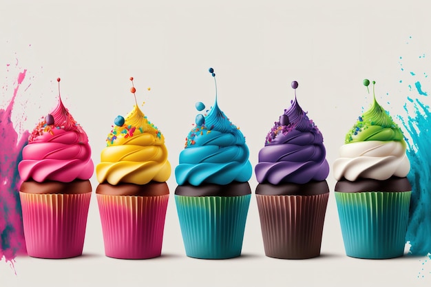 Cupcakes in a row in various colors isolated on a white backdrop