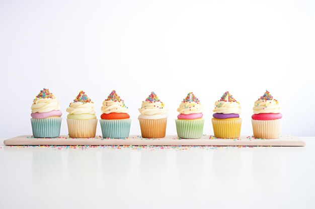 Photo cupcakes in a row with rainbow sprinkles