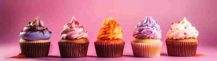 Photo cupcakes standing on gradient white pink background wide panoramic generative ai